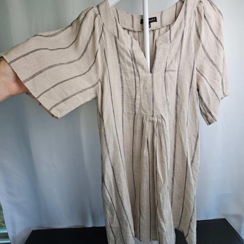 Miou Muse 100%‎ Linen Striped Split Neck Tunic Dress Beige Black Small Oversized